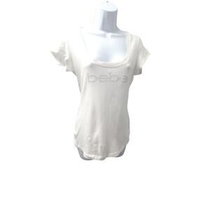 Bebe Y2K bling logo women's t-shirt white Size Large Bling Mcbling Scoopneck